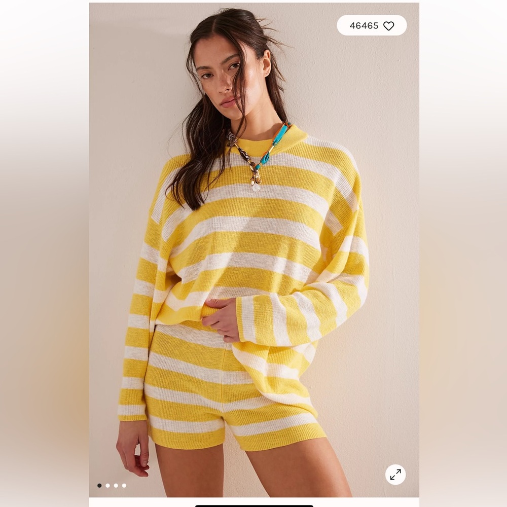 FREE PEOPLE - Yellow and White Striped Women's Sweater and Shorts Set.